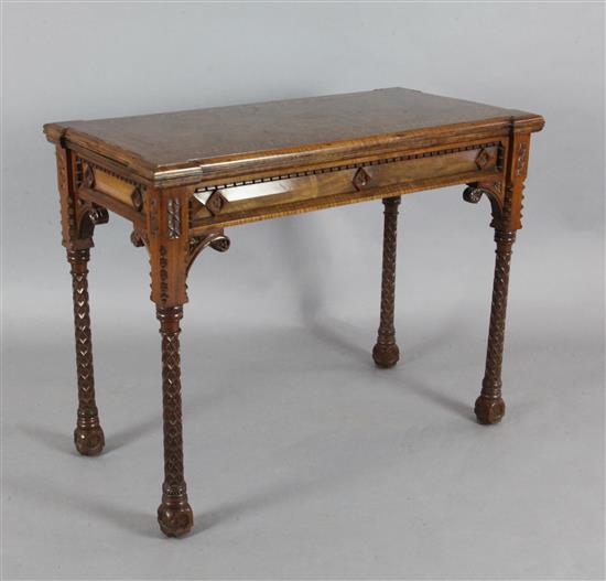 A Victorian Gothic revival walnut and marquetry rectangular card table, in the manner of Lamb of Manchester, W.3ft 2in.